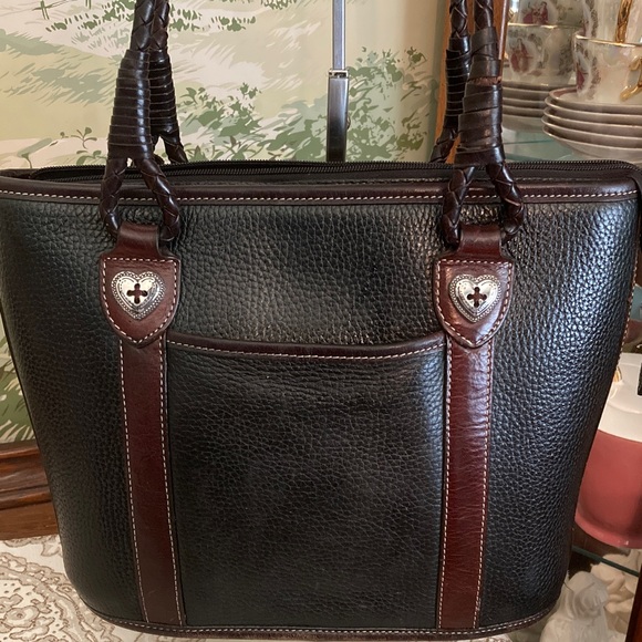 Brighton EUC Vintage Shoulder Bag.Black PebbleGrain Leather Brown Leather Straps - Picture 1 of 16